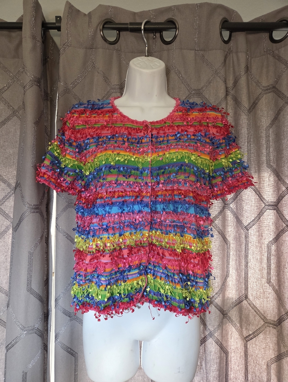 Vintage 2001 Michael Simon Rainbow Ribbon Short Sleeve Cardigan Sweater S
